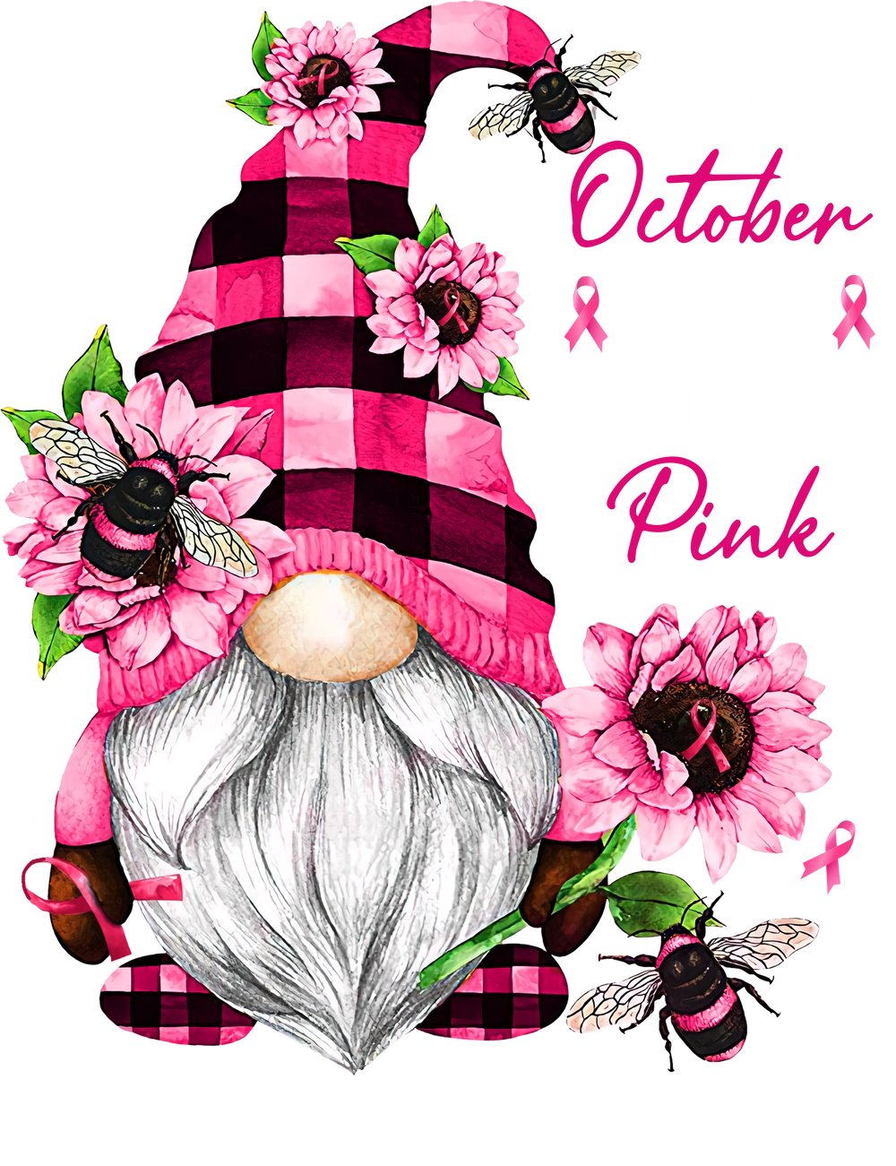 Gnomie In October We Wear Pink Breast Cancer Awareness Design - DTF heat transfer - Transfer Kingdom