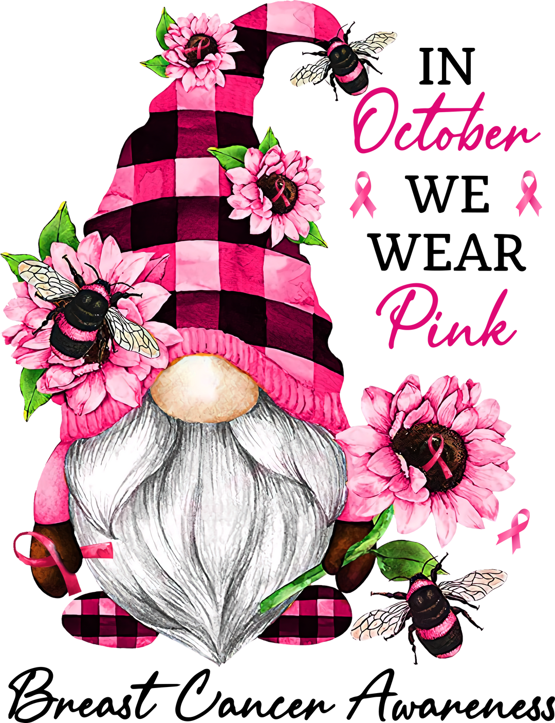 Gnomie In October We Wear Pink Breast Cancer Awareness Design - DTF heat transfer - Transfer Kingdom