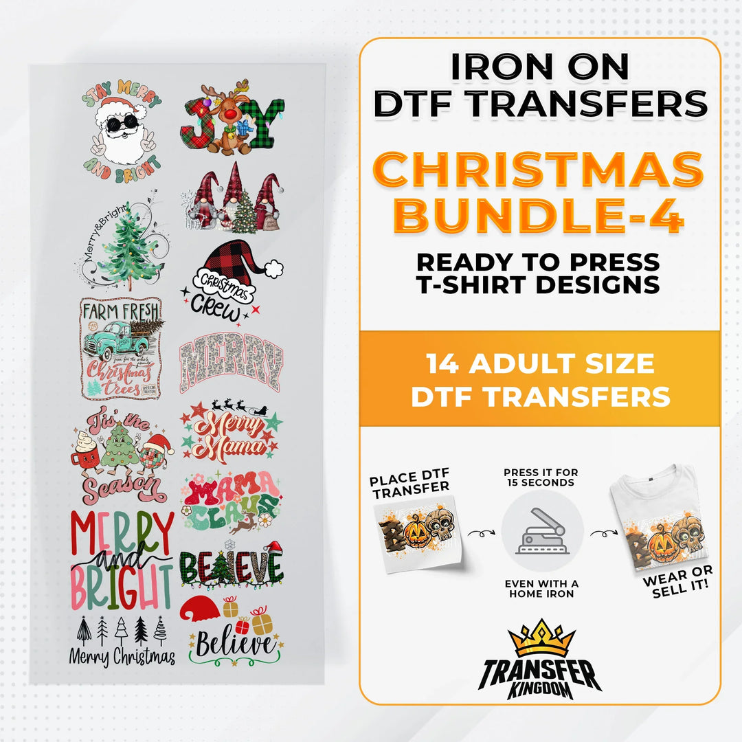 Iron on DTF Transfer Christmas Bundle 4 - 14 Best Seller T-shirt Designs Ready To Press - Transfer Kingdom