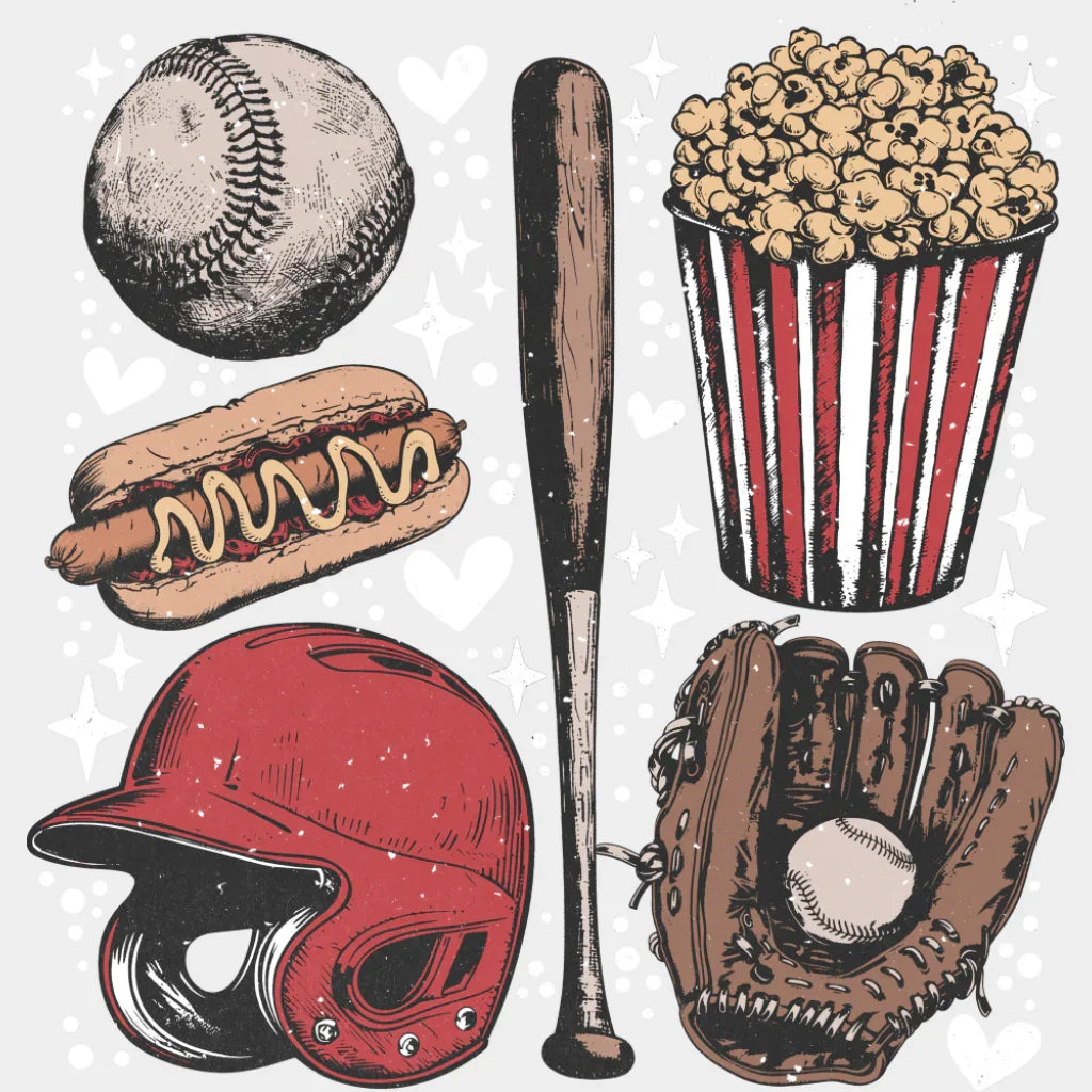 Baseball Popcorn Bat - Baseball DTF Transfer Adult Unisex - S & M (10’’) / Light Color Design (See Imaging)