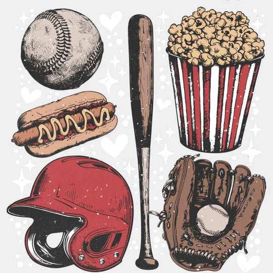 Baseball Popcorn Bat - Baseball DTF Transfer Adult Unisex - S & M (10’’) / Light Color Design (See Imaging)