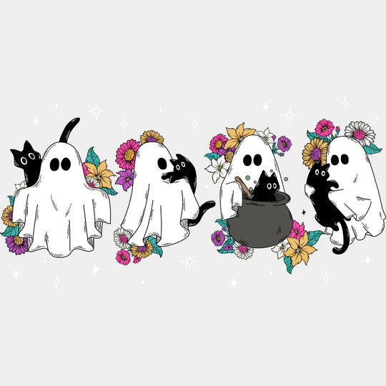 Ghosts Flowers And Cats - Halloween DTF Transfer Adult Unisex - S & M (10’’) / Light Color Design (See Imaging)