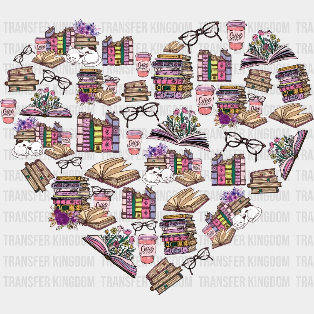 Love Books Cat And Coffee Design- Dtf Heat Transfer