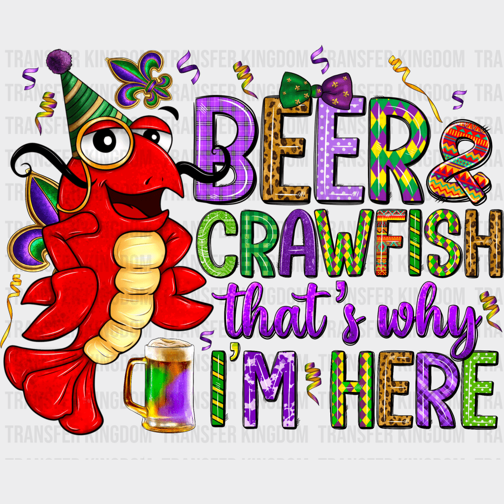 Beer & Crawfish Mardi Gras Design- Dtf Heat Transfer