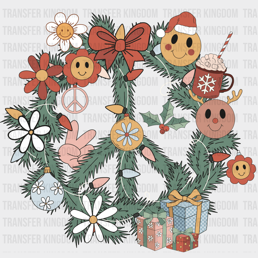 Smiley Face Wreath Christmas Design - Dtf Heat Transfer