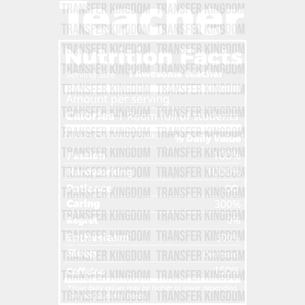 Teacher Nutrition Facts 100 Days Of School Design - DTF heat transfer - Transfer Kingdom