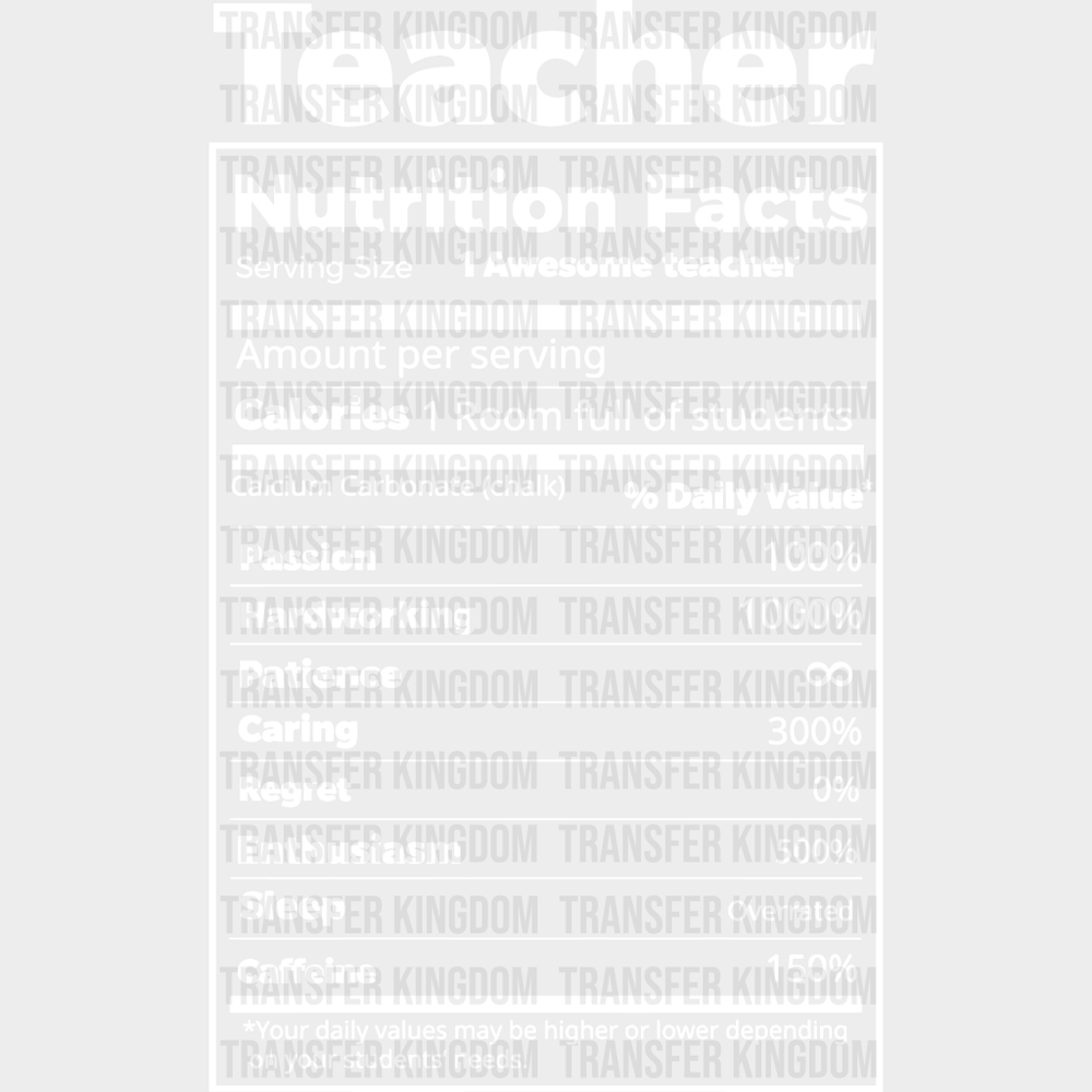 Teacher Nutrition Facts 100 Days Of School Design - DTF heat transfer - Transfer Kingdom