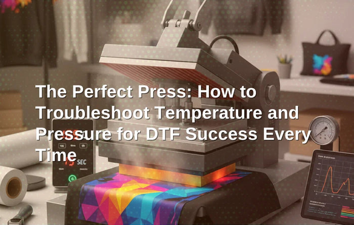 A commercial heat press applying a vibrant DTF transfer onto a black cotton t-shirt with optimal temperature and pressure settings.