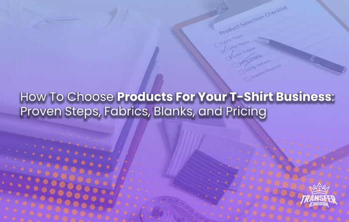 Table with stack of t-shirts, clipboard and fabircs