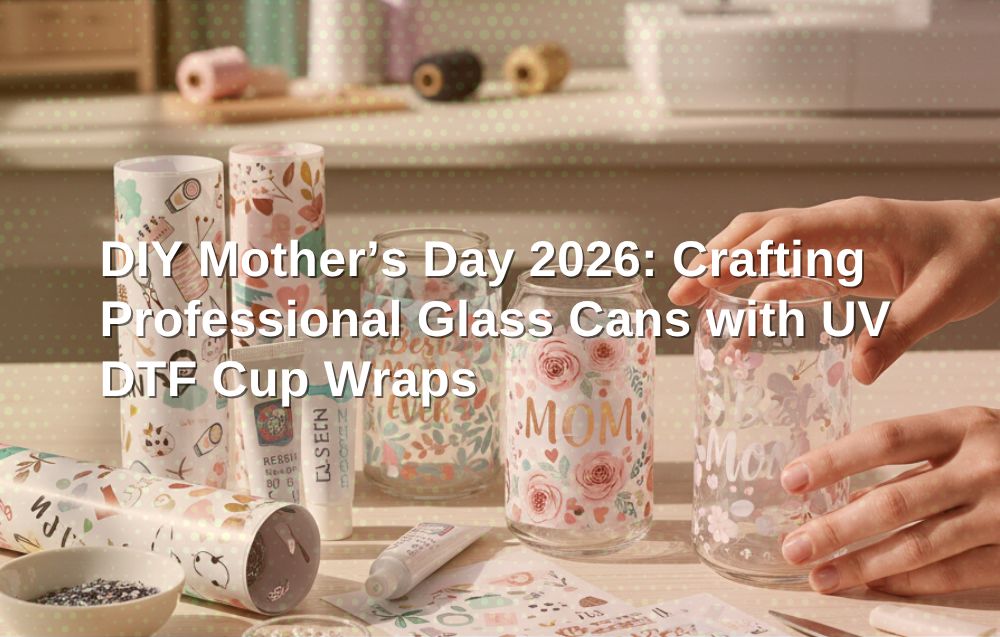 Woman crafting a beautiful glass can using Mother's Day UV DTF cup wraps on a clean desk