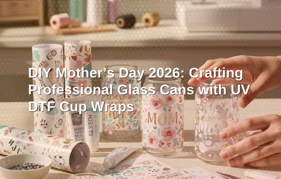 Woman crafting a beautiful glass can using Mother's Day UV DTF cup wraps on a clean desk