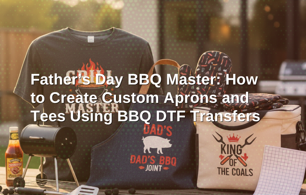Applying vibrant BBQ DTF transfers to a custom Father's Day apron using a commercial heat press.