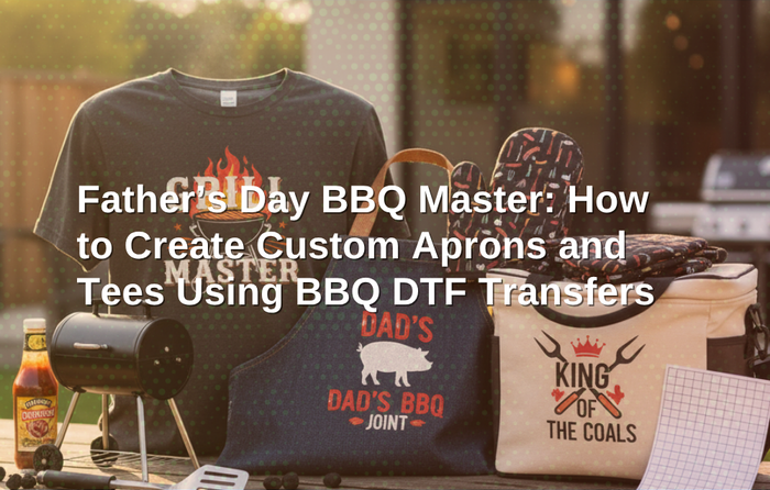 Applying vibrant BBQ DTF transfers to a custom Father's Day apron using a commercial heat press.