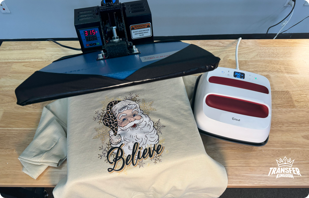 Traditional Heat Press and Cricut EasyPress on a table