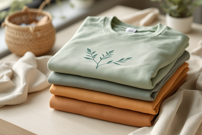 Stack of custom printed t-shirts in sage green and clay tones with a printed botanical leaf design