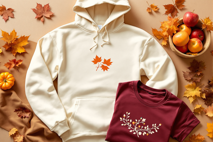 Custom printed cream hoodie with autumn maple leaf design beside a burgundy printed tee