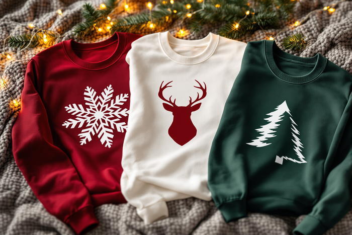 Three custom printed holiday sweatshirts with snowflake, reindeer and pine tree designs