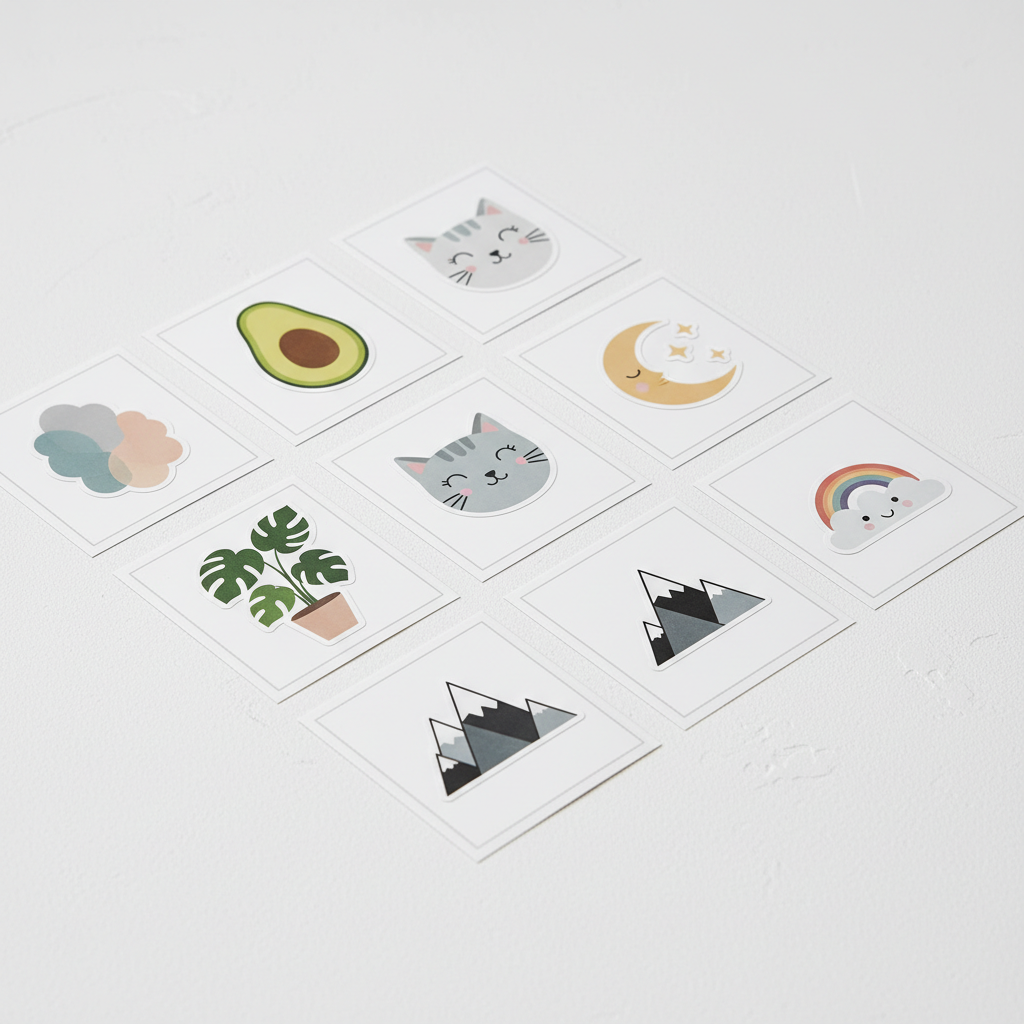 Kiss cut vinyl stickers on square white backing cards with a visible margin around each design