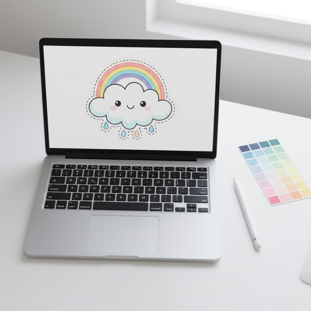 A sticker artwork file open on a laptop with a visible dashed cut outline around the illustration