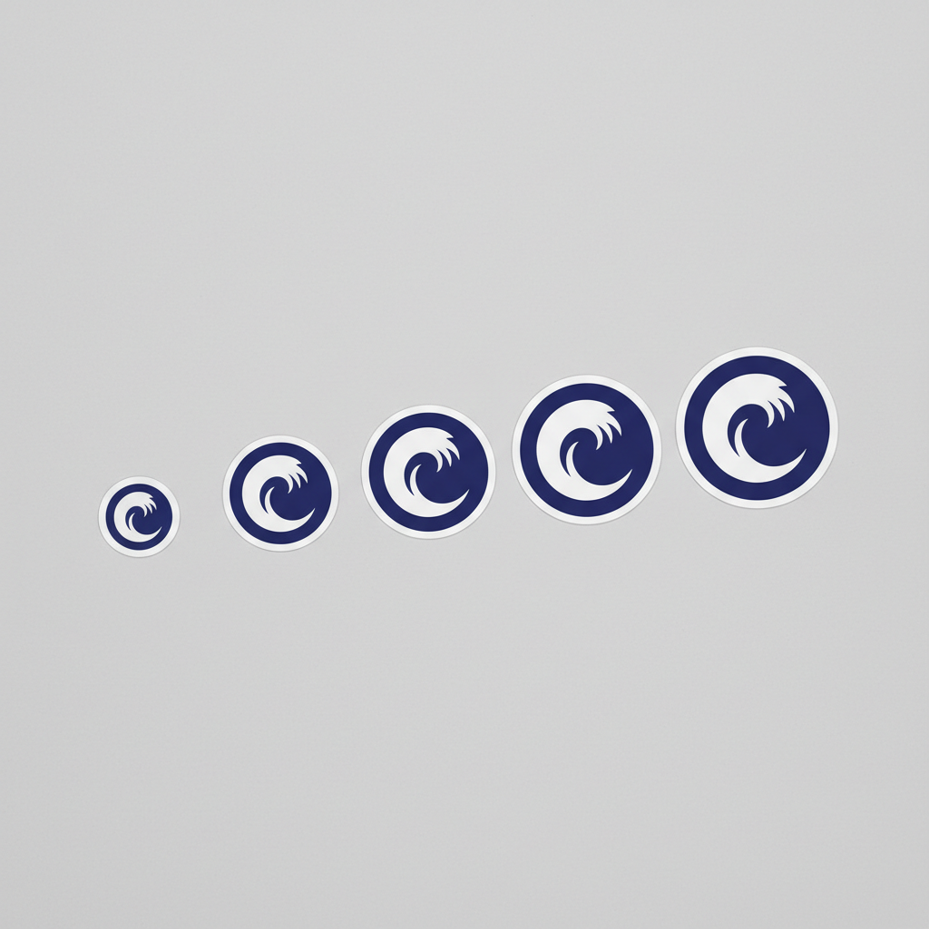 Custom vinyl stickers in a range of sizes laid out from small to large
