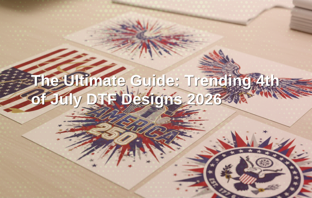 A vibrant collection of 4th of July DTF designs for 2026 printed on high-quality t-shirts, celebrating America's 250th anniversary.