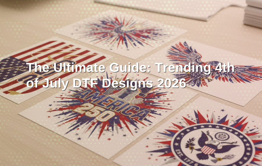 A vibrant collection of 4th of July DTF designs for 2026 printed on high-quality t-shirts, celebrating America's 250th anniversary.