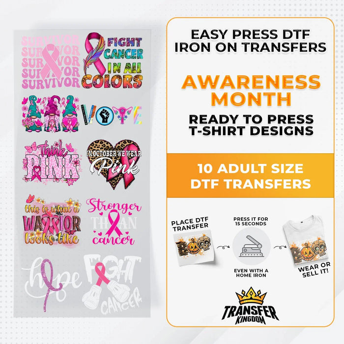 Iron on DTF Transfer Awareness Month Bundle 1 - 10 Best Seller T-shirt Designs Ready To Press