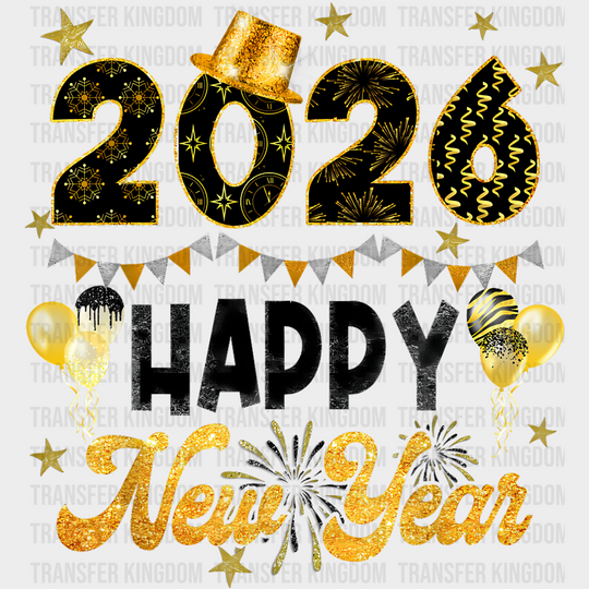 2026 Happy New Year B&W and Yellow - New Year DTF Transfer Adult Unisex - S & M (10’’) / Dark Color Design (See Imaging)