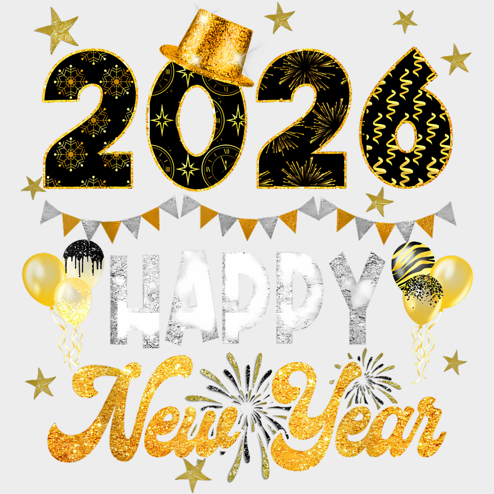 2026 Happy New Year B&W and Yellow - New Year DTF Transfer Adult Unisex - S & M (10’’) / Light Color Design (See