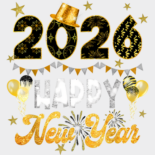 2026 Happy New Year B&W and Yellow - New Year DTF Transfer Adult Unisex - S & M (10’’) / Light Color Design (See