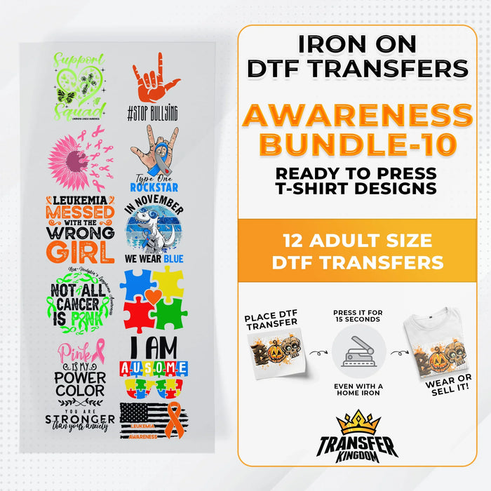 Iron on DTF Transfer Awareness Bundle 10 - 12 Best Seller T-shirt Designs Ready To Press