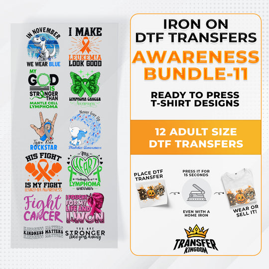 Iron on DTF Transfer Awareness Bundle 11 - 12 Best Seller T-shirt Designs Ready To Press