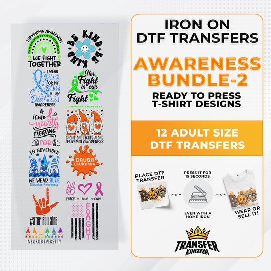 Iron on DTF Transfer Awareness Month Bundle 2 - 12 Best Seller T-shirt Designs Ready To Press