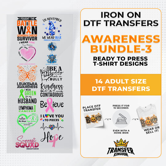 Iron on DTF Transfer Awareness Month Bundle 3 - 14 Best Seller T-shirt Designs Ready To Press