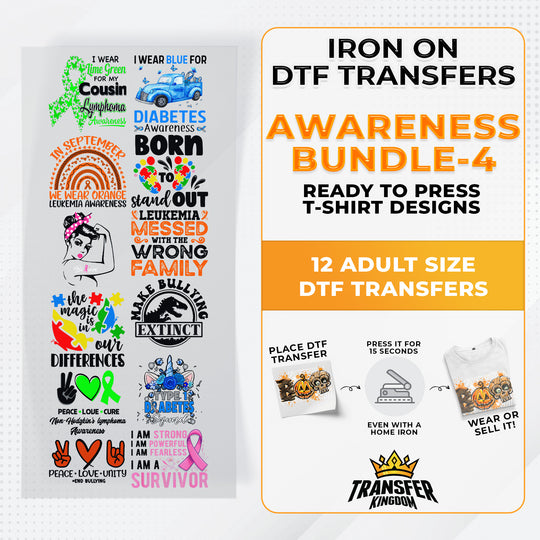 Iron on DTF Transfer Awareness Month Bundle 4 - 12 Best Seller T-shirt Designs Ready To Press