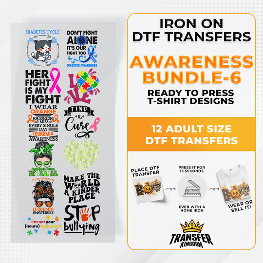 Iron on DTF Transfer Awareness Bundle 6 - 12 Best Seller T-shirt Designs Ready To Press