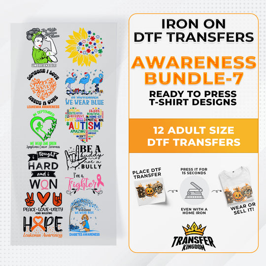 Iron on DTF Transfer Awareness Bundle 7 - 12 Best Seller T-shirt Designs Ready To Press