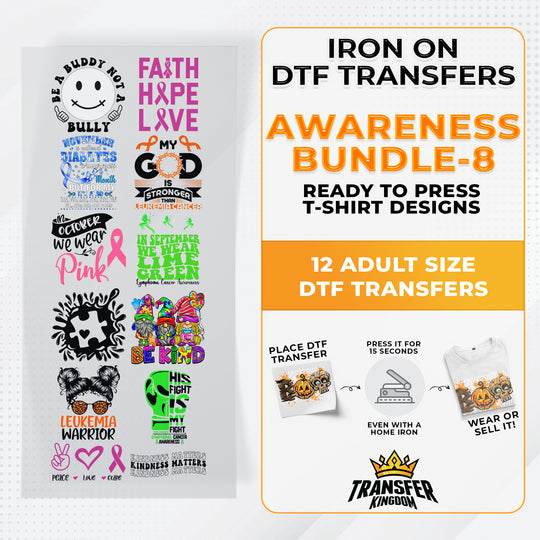 Iron on DTF Transfer Awareness Bundle 8 - 12 Best Seller T-shirt Designs Ready To Press