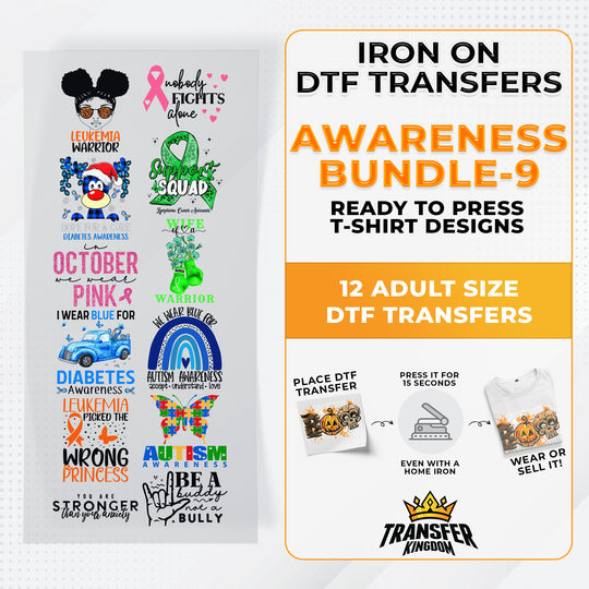 Iron on DTF Transfer Awareness Bundle 9 - 12 Best Seller T-shirt Designs Ready To Press