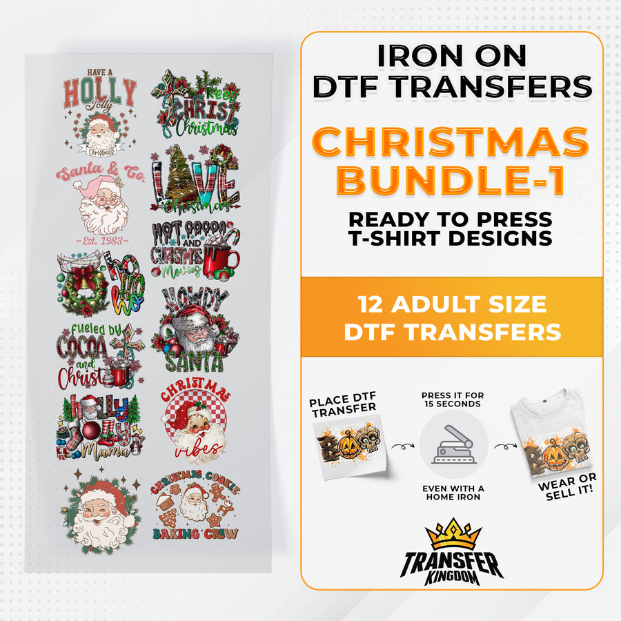 Iron on DTF Transfer Christmas Bundle 1 - 12 Best Seller T-shirt Designs Ready To Press - Transfer Kingdom
