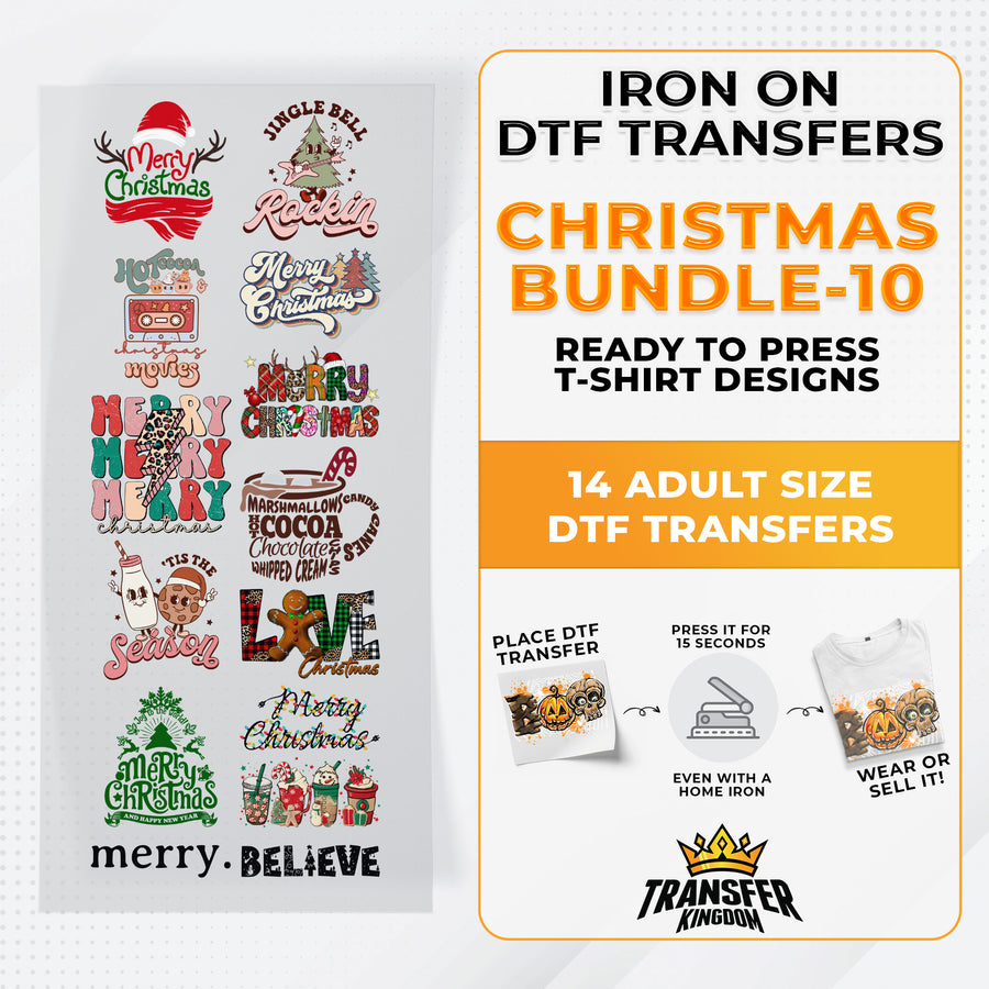 Iron on DTF Transfer Christmas Bundle 10 - 14 Best Seller T-shirt Designs Ready To Press - Transfer Kingdom