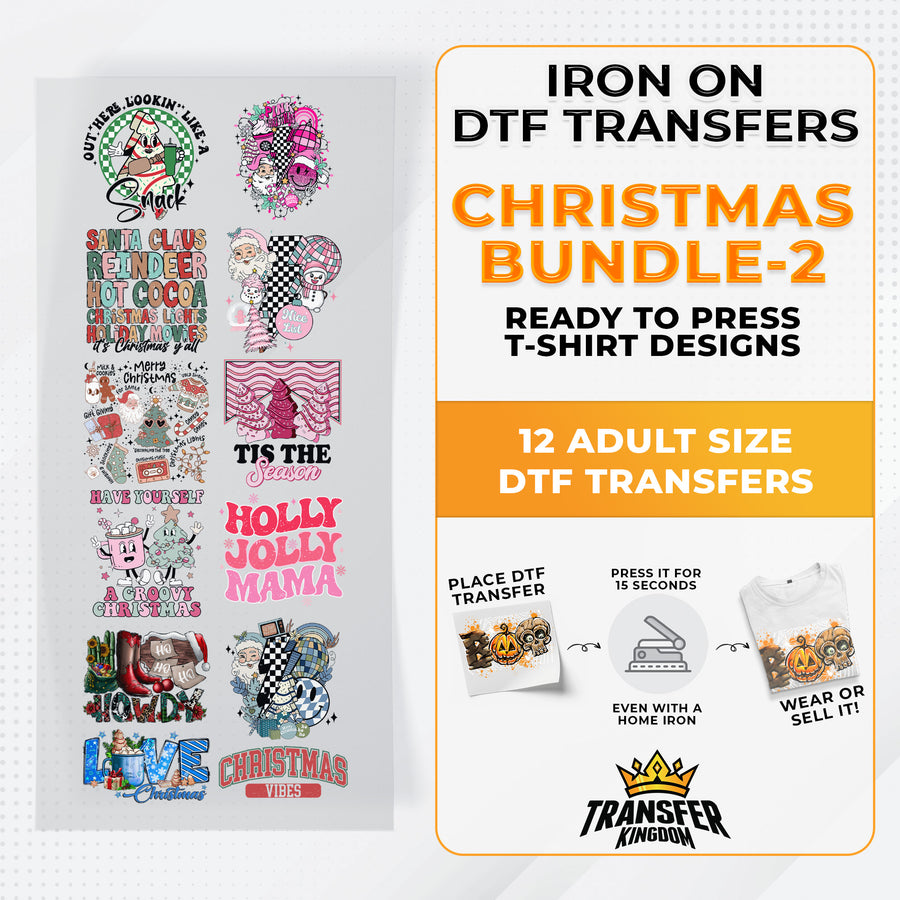 Iron on DTF Transfer Christmas Bundle 2 - 12 Best Seller T-shirt Designs Ready To Press - Transfer Kingdom