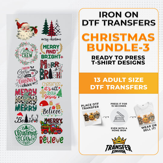 Iron on DTF Transfer Christmas Bundle 3 - 13 Best Seller T-shirt Designs Ready To Press