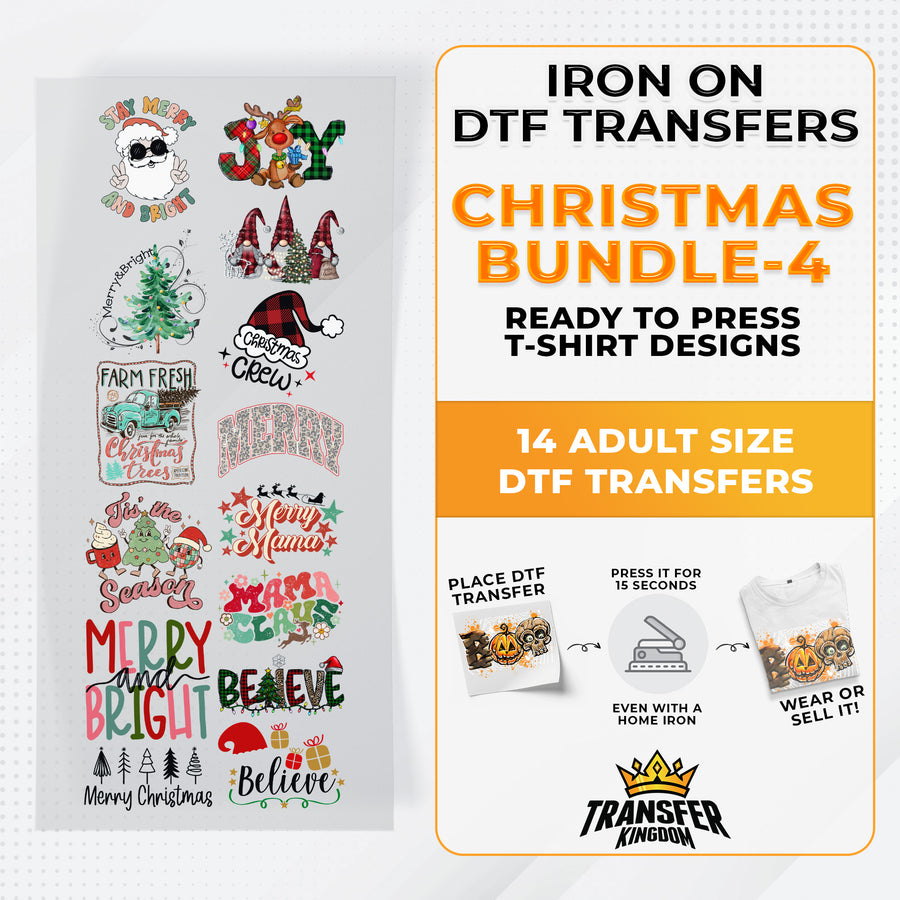 Iron on DTF Transfer Christmas Bundle 4 - 14 Best Seller T-shirt Designs Ready To Press - Transfer Kingdom