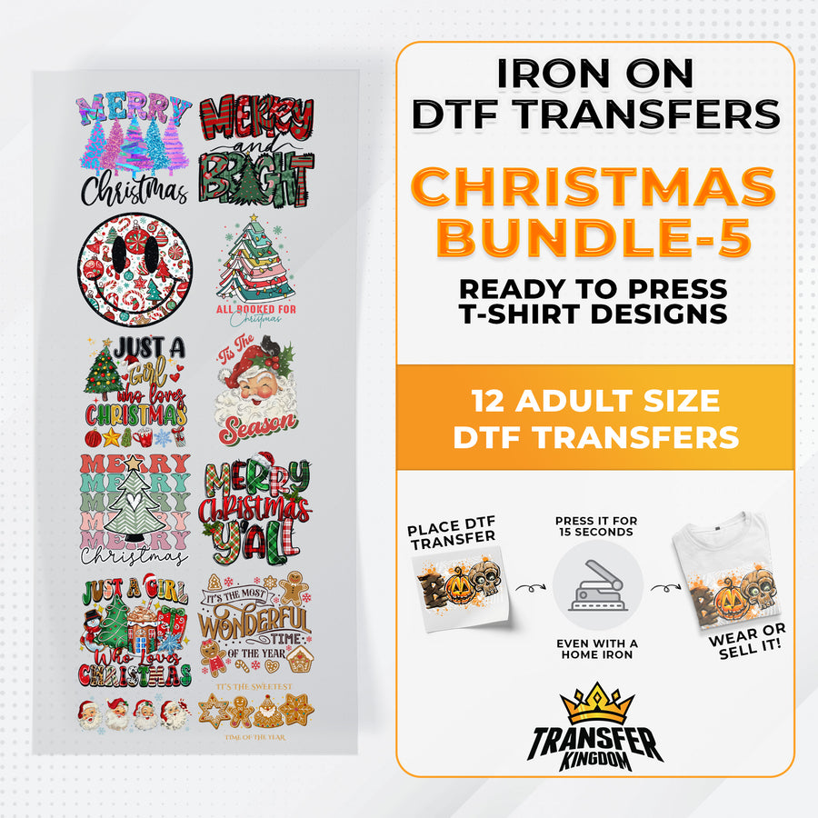 Iron on DTF Transfer Christmas Bundle 5 - 12 Best Seller T-shirt Designs Ready To Press - Transfer Kingdom