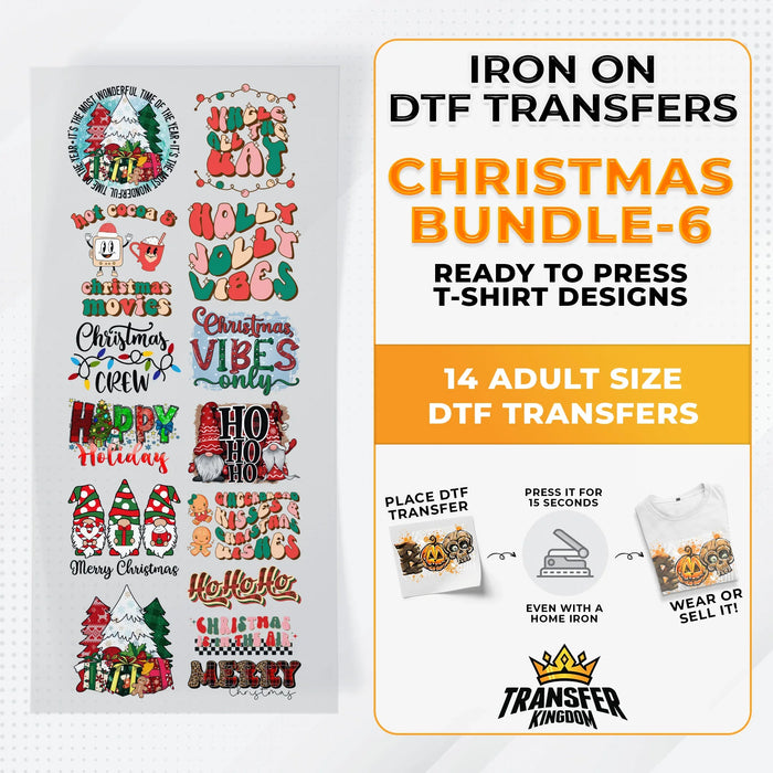 Iron on DTF Transfer Christmas Bundle 6 - 14 Best Seller T-shirt Designs Ready To Press