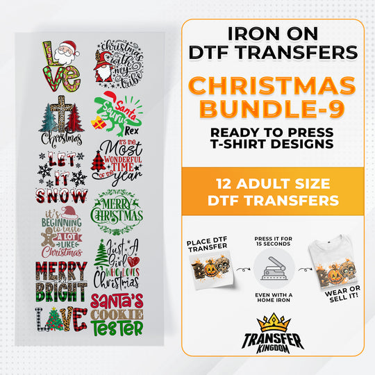 Iron on DTF Transfer Christmas Bundle 9 - 12 Best Seller T-shirt Designs Ready To Press