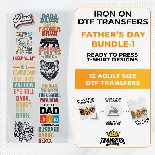 Father's Day Bundle Iron on DTF Transfer Bundle 1 - 12 Best Seller Ready To Press T-shirt Designs