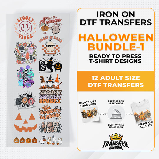 Iron on DTF Transfer Halloween Bundle 1 - 12 Best Seller T-shirt Designs Ready To Press