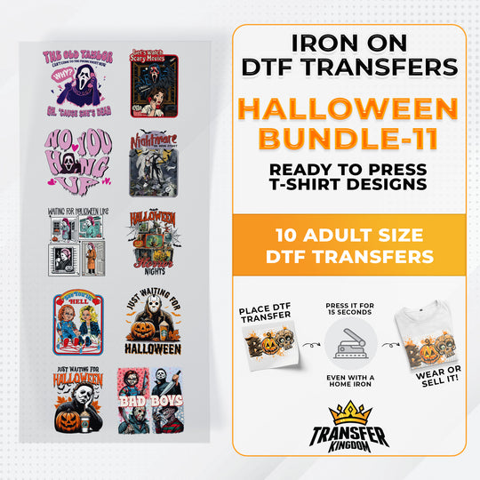 Iron on DTF Transfer Halloween Bundle 11 - 10 Best Seller T-shirt Designs Ready To Press